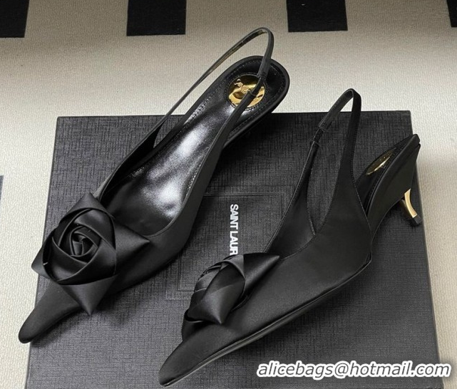 Sumptuous Saint Laurent DAKOTA Heel Slingbacks Pump 5.5cm in Satin Crepe with Square Rose Black 1212079