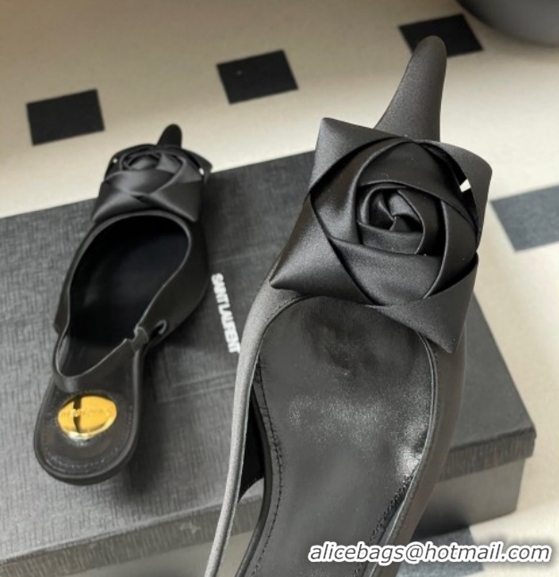 Sumptuous Saint Laurent DAKOTA Heel Slingbacks Pump 5.5cm in Satin Crepe with Square Rose Black 1212079