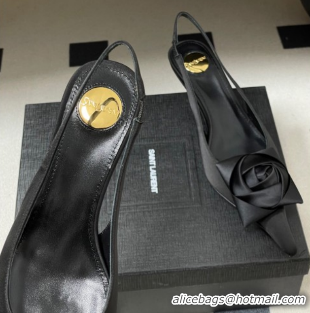 Sumptuous Saint Laurent DAKOTA Heel Slingbacks Pump 5.5cm in Satin Crepe with Square Rose Black 1212079