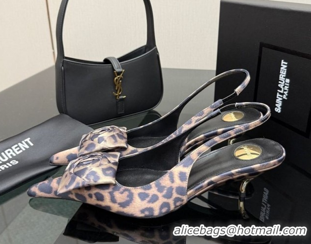 Best Grade Saint Laurent DAKOTA Heel Slingbacks Pump 5.5cm in Leopard Satin Muslin with Square Rose Beige 1212081
