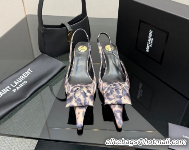 Best Grade Saint Laurent DAKOTA Heel Slingbacks Pump 5.5cm in Leopard Satin Muslin with Square Rose Beige 1212081