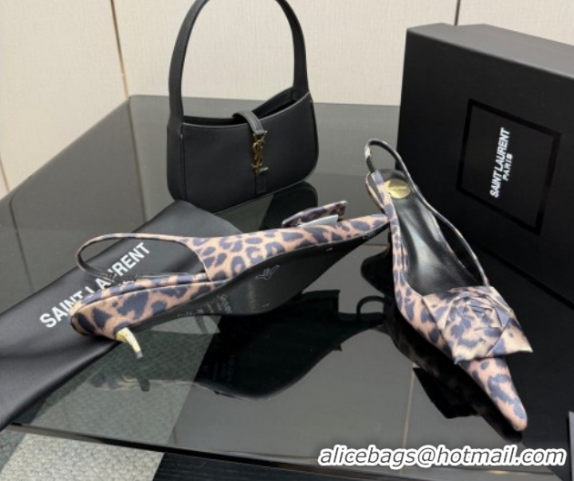 Best Grade Saint Laurent DAKOTA Heel Slingbacks Pump 5.5cm in Leopard Satin Muslin with Square Rose Beige 1212081