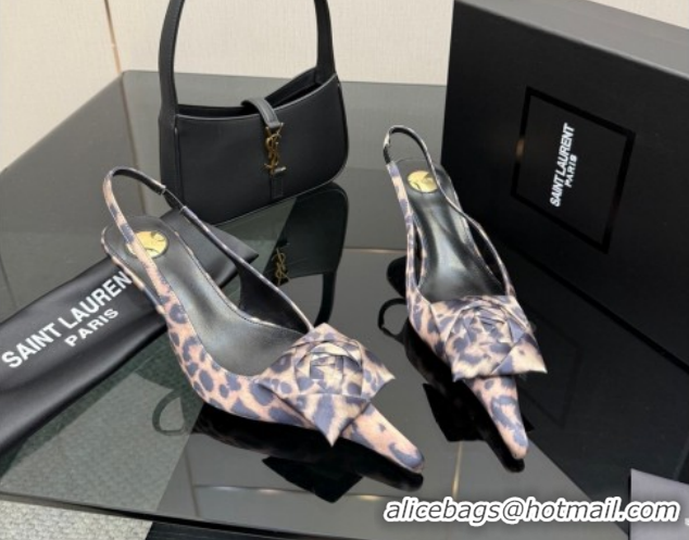 Best Grade Saint Laurent DAKOTA Heel Slingbacks Pump 5.5cm in Leopard Satin Muslin with Square Rose Beige 1212081