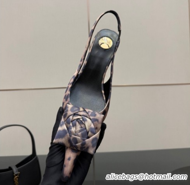 Best Grade Saint Laurent DAKOTA Heel Slingbacks Pump 5.5cm in Leopard Satin Muslin with Square Rose Beige 1212081