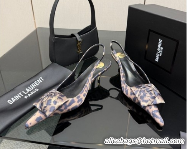 Best Grade Saint Laurent DAKOTA Heel Slingbacks Pump 5.5cm in Leopard Satin Muslin with Square Rose Beige 1212081