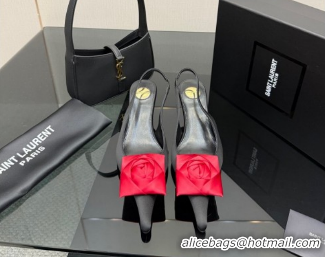 Grade Quality Saint Laurent DAKOTA Heel Slingbacks Pump 5.5cm in Satin Crepe with Square Rose Black/Red 1212082