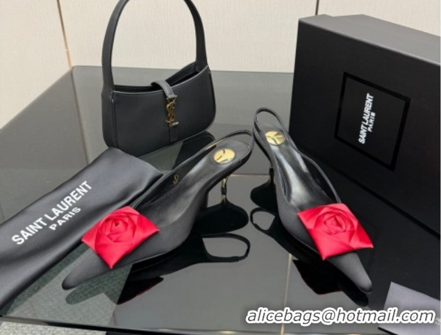 Grade Quality Saint Laurent DAKOTA Heel Slingbacks Pump 5.5cm in Satin Crepe with Square Rose Black/Red 1212082