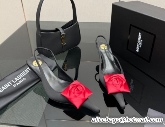 Grade Quality Saint Laurent DAKOTA Heel Slingbacks Pump 5.5cm in Satin Crepe with Square Rose Black/Red 1212082