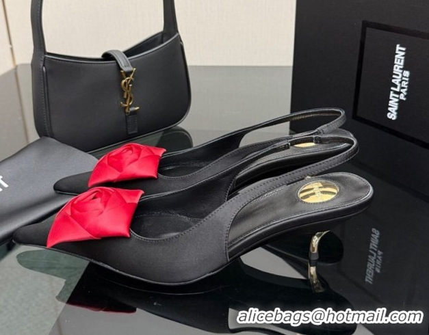 Grade Quality Saint Laurent DAKOTA Heel Slingbacks Pump 5.5cm in Satin Crepe with Square Rose Black/Red 1212082