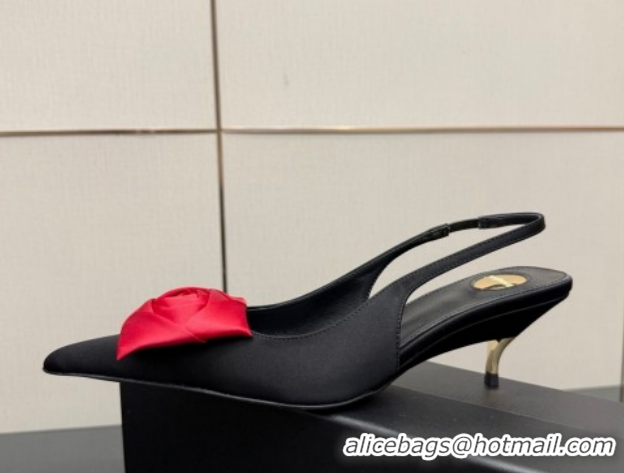 Grade Quality Saint Laurent DAKOTA Heel Slingbacks Pump 5.5cm in Satin Crepe with Square Rose Black/Red 1212082