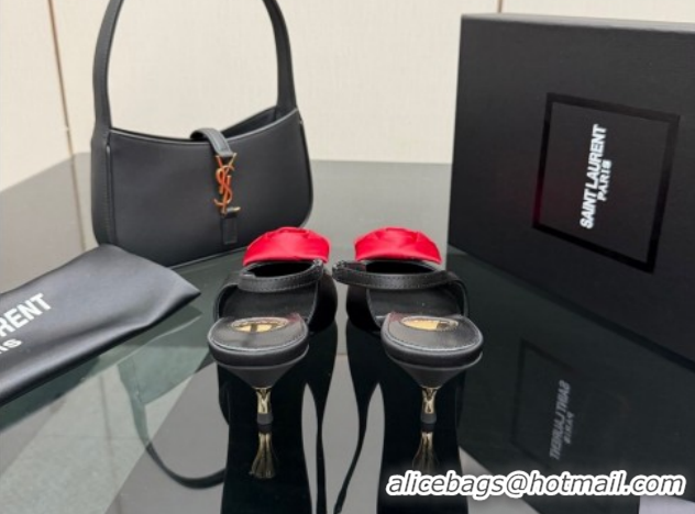 Grade Quality Saint Laurent DAKOTA Heel Slingbacks Pump 5.5cm in Satin Crepe with Square Rose Black/Red 1212082