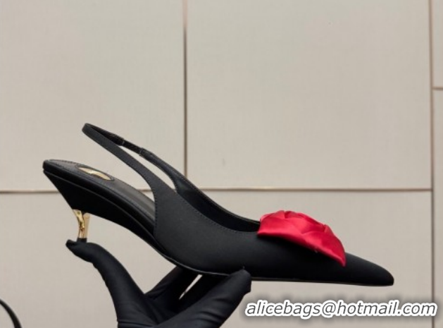 Grade Quality Saint Laurent DAKOTA Heel Slingbacks Pump 5.5cm in Satin Crepe with Square Rose Black/Red 1212082