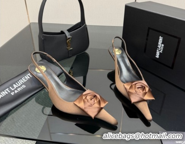 Purchase Saint Laurent DAKOTA Heel Slingbacks Pump 5.5cm in Satin Crepe with Square Rose Brown 8476609 1212083