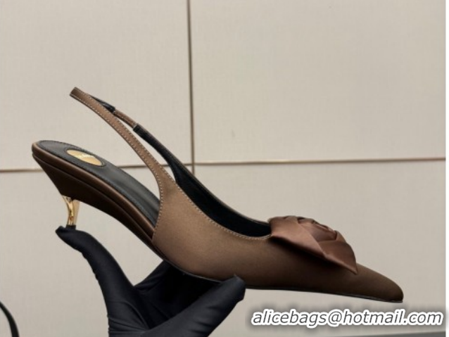 Purchase Saint Laurent DAKOTA Heel Slingbacks Pump 5.5cm in Satin Crepe with Square Rose Brown 8476609 1212083