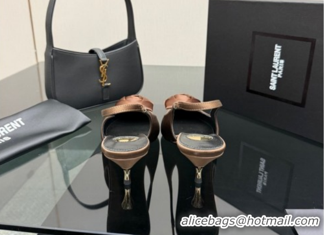 Purchase Saint Laurent DAKOTA Heel Slingbacks Pump 5.5cm in Satin Crepe with Square Rose Brown 8476609 1212083