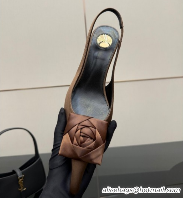 Purchase Saint Laurent DAKOTA Heel Slingbacks Pump 5.5cm in Satin Crepe with Square Rose Brown 8476609 1212083