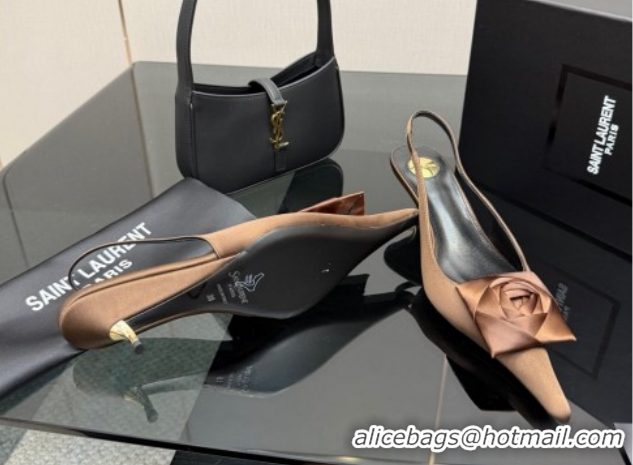 Purchase Saint Laurent DAKOTA Heel Slingbacks Pump 5.5cm in Satin Crepe with Square Rose Brown 8476609 1212083