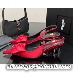 Luxury Saint Laurent DAKOTA Heel Slingbacks Pump 5.5cm in Satin Crepe with Square Rose Red 1212084