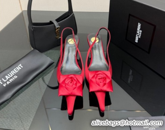 Luxury Saint Laurent DAKOTA Heel Slingbacks Pump 5.5cm in Satin Crepe with Square Rose Red 1212084