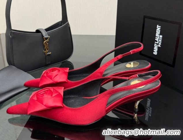 Luxury Saint Laurent DAKOTA Heel Slingbacks Pump 5.5cm in Satin Crepe with Square Rose Red 1212084