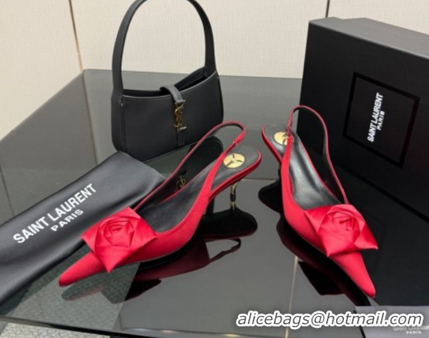 Luxury Saint Laurent DAKOTA Heel Slingbacks Pump 5.5cm in Satin Crepe with Square Rose Red 1212084