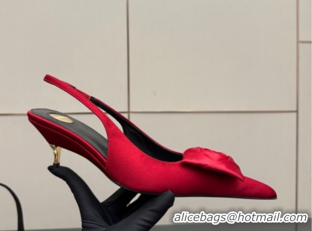 Luxury Saint Laurent DAKOTA Heel Slingbacks Pump 5.5cm in Satin Crepe with Square Rose Red 1212084