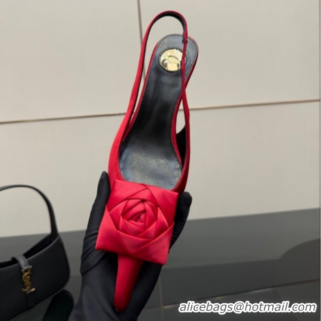 Luxury Saint Laurent DAKOTA Heel Slingbacks Pump 5.5cm in Satin Crepe with Square Rose Red 1212084
