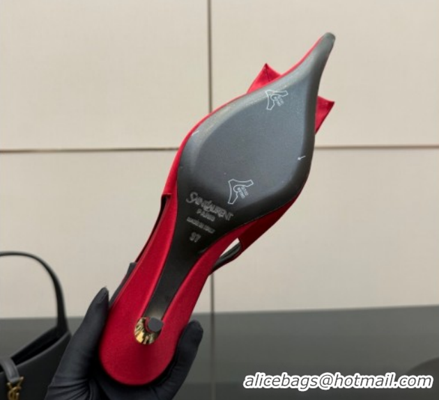 Luxury Saint Laurent DAKOTA Heel Slingbacks Pump 5.5cm in Satin Crepe with Square Rose Red 1212084