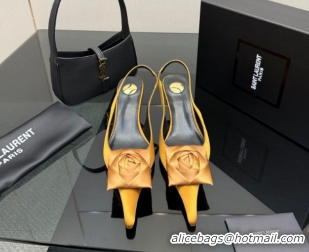Pretty Style Saint Laurent DAKOTA Heel Slingbacks Pump 5.5cm in Satin Crepe with Square Rose Bright Yellow 1212085