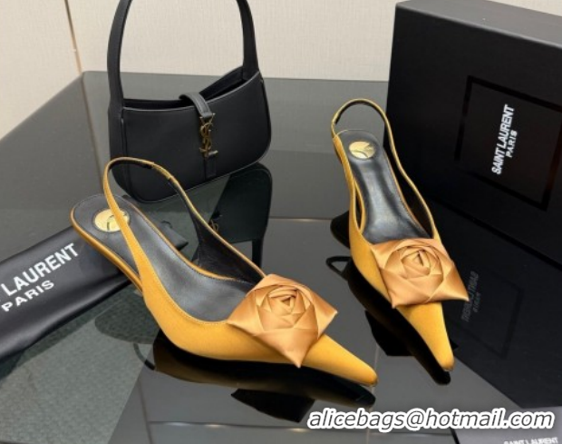 Pretty Style Saint Laurent DAKOTA Heel Slingbacks Pump 5.5cm in Satin Crepe with Square Rose Bright Yellow 1212085