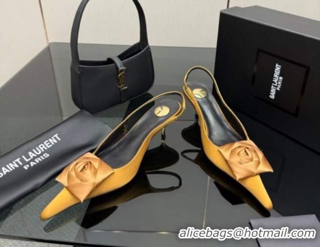 Pretty Style Saint Laurent DAKOTA Heel Slingbacks Pump 5.5cm in Satin Crepe with Square Rose Bright Yellow 1212085
