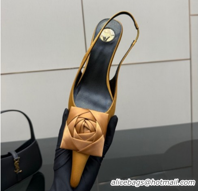 Pretty Style Saint Laurent DAKOTA Heel Slingbacks Pump 5.5cm in Satin Crepe with Square Rose Bright Yellow 1212085