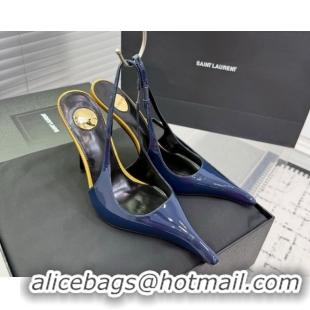Top Grade Saint Laurent AMALIA Heel Slingbacks Pump 11cm in Patent Leather Blue 1212088
