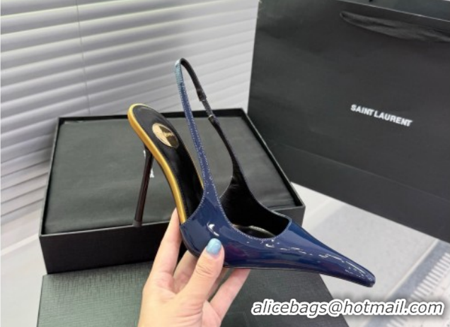Top Grade Saint Laurent AMALIA Heel Slingbacks Pump 11cm in Patent Leather Blue 1212088
