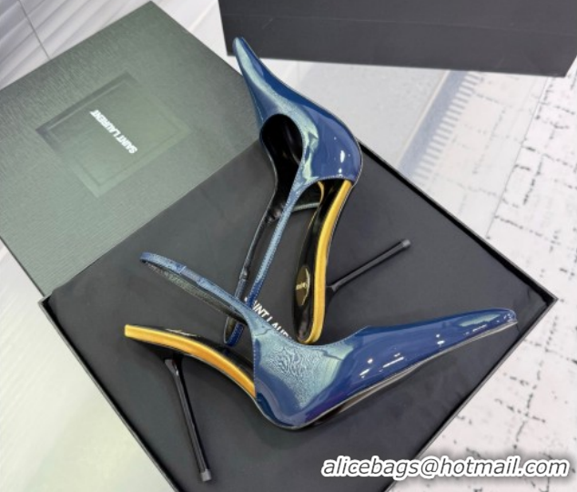 Top Grade Saint Laurent AMALIA Heel Slingbacks Pump 11cm in Patent Leather Blue 1212088