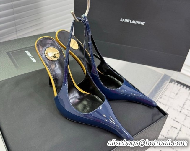 Top Grade Saint Laurent AMALIA Heel Slingbacks Pump 11cm in Patent Leather Blue 1212088
