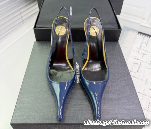 Top Grade Saint Laurent AMALIA Heel Slingbacks Pump 11cm in Patent Leather Blue 1212088