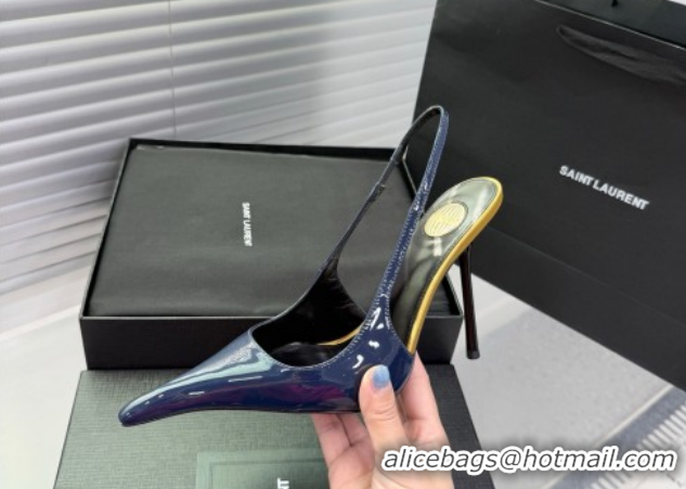 Top Grade Saint Laurent AMALIA Heel Slingbacks Pump 11cm in Patent Leather Blue 1212088