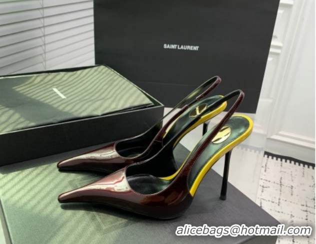 Buy Luxury Saint Laurent AMALIA Heel Slingbacks Pump 11cm in Patent Leather Dark Burgundy 1212091