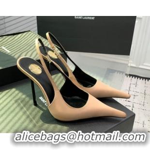 Luxurious Saint Laurent AMALIA Heel Slingbacks Pump 11cm in Satin Beige 1212092