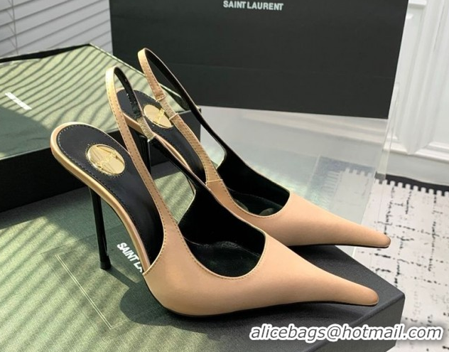 Luxurious Saint Laurent AMALIA Heel Slingbacks Pump 11cm in Satin Beige 1212092