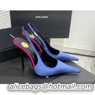 Popular Style Saint Laurent AMALIA Heel Slingbacks Pump 11cm in Satin Blue 1212093