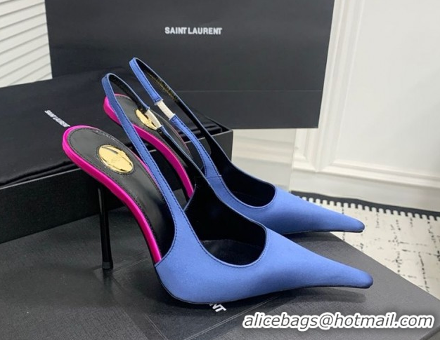 Popular Style Saint Laurent AMALIA Heel Slingbacks Pump 11cm in Satin Blue 1212093