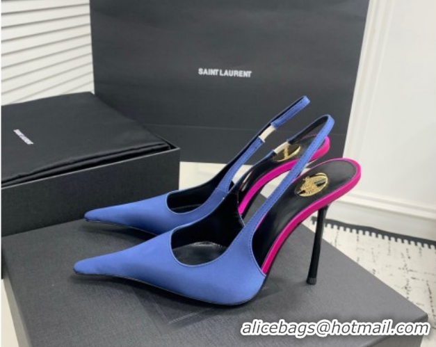 Popular Style Saint Laurent AMALIA Heel Slingbacks Pump 11cm in Satin Blue 1212093