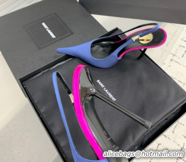 Popular Style Saint Laurent AMALIA Heel Slingbacks Pump 11cm in Satin Blue 1212093