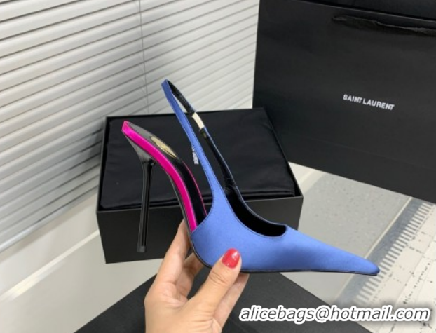 Popular Style Saint Laurent AMALIA Heel Slingbacks Pump 11cm in Satin Blue 1212093