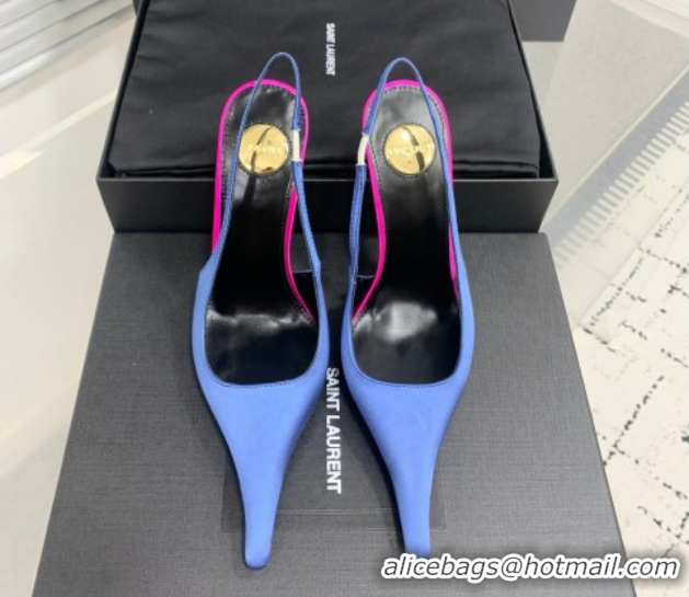Popular Style Saint Laurent AMALIA Heel Slingbacks Pump 11cm in Satin Blue 1212093