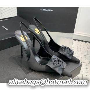 Top Grade Saint Laurent AMALIA Heel Slingbacks Pump 11cm in Satin Crepe with Square Rose Black Upper 1212094