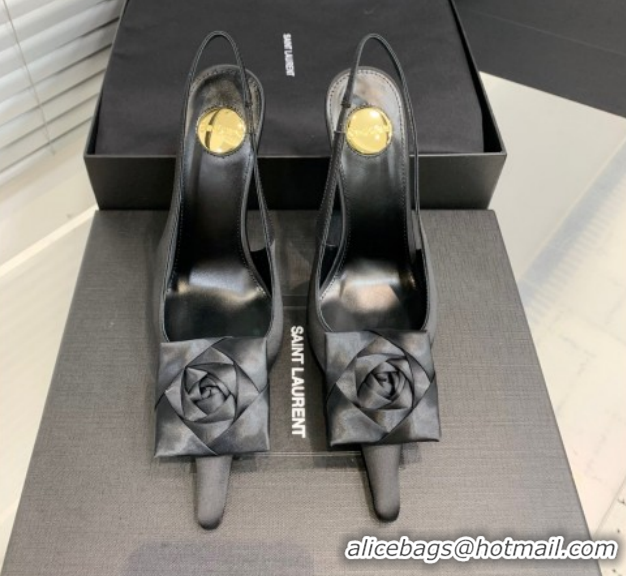 Top Grade Saint Laurent AMALIA Heel Slingbacks Pump 11cm in Satin Crepe with Square Rose Black Upper 1212094