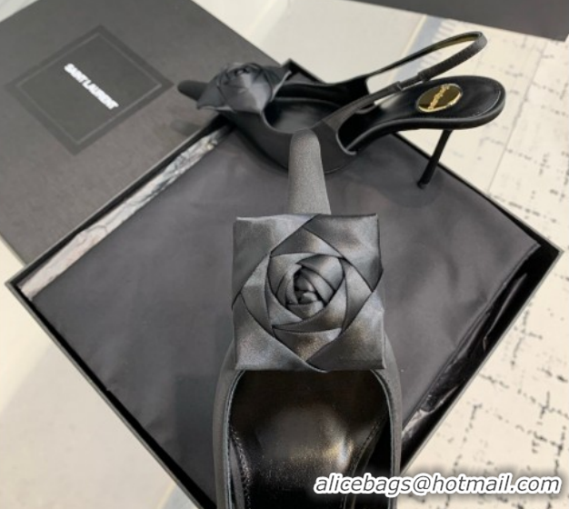 Top Grade Saint Laurent AMALIA Heel Slingbacks Pump 11cm in Satin Crepe with Square Rose Black Upper 1212094
